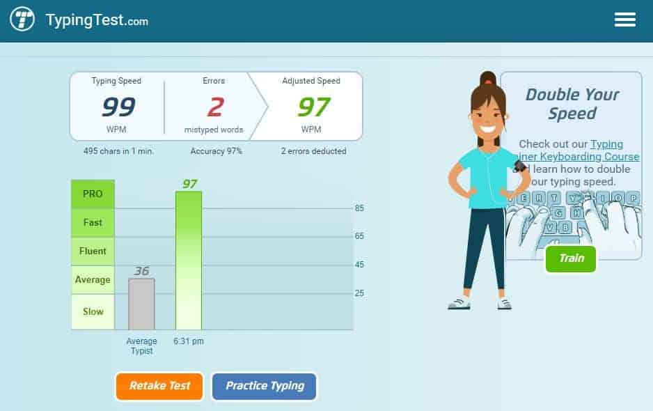 Typing test of 99wpm with 2 errors