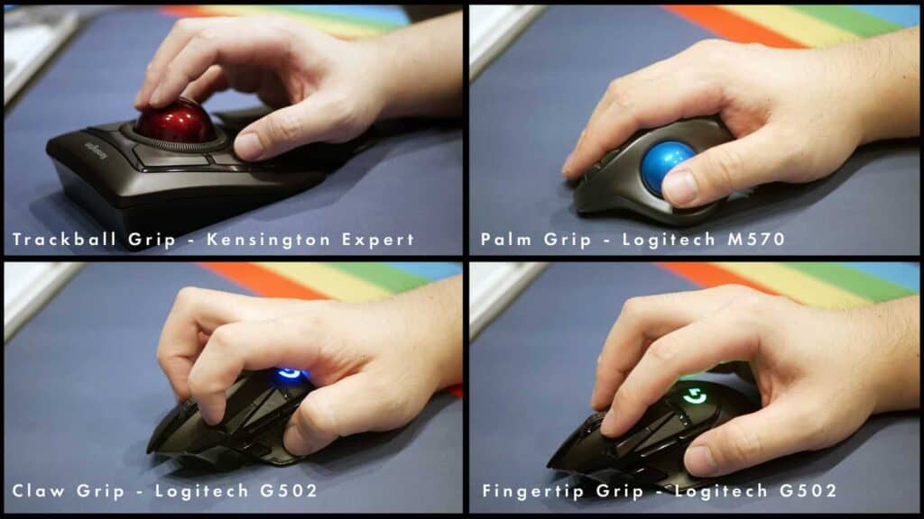 Different ways of gripping mice and trackballs