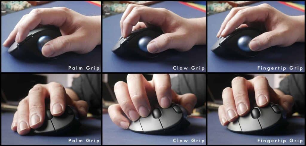 Differnt angles of the different ways to grip the Logitech M575