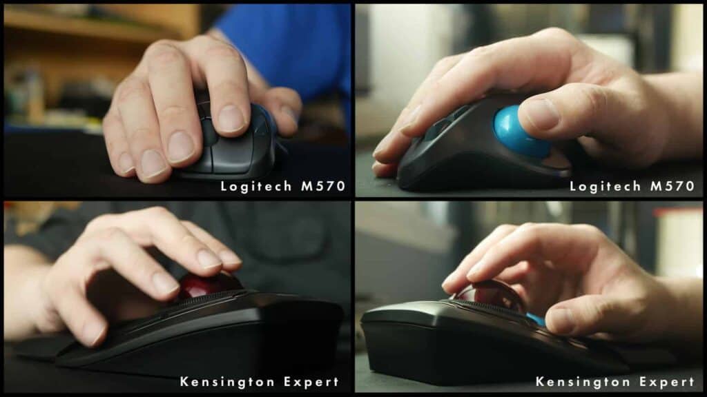 Different angles of the Kensington Expert and Logitech M750 being used.