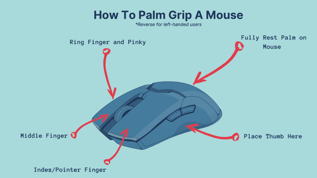 Diagram explaining how to palm grip a mouse