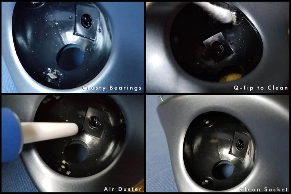 Cleaning the socket, bearing, and sensor on a trackball mouse with an air duster and Q-Tip.