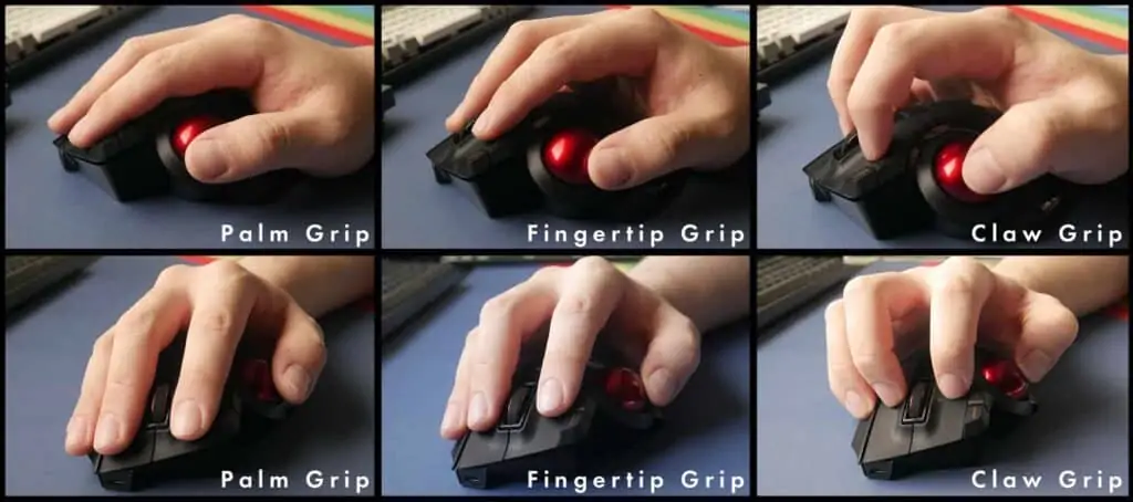 Different angles of the different ways to grip the Elecom Ex-G Pro trackball mouse