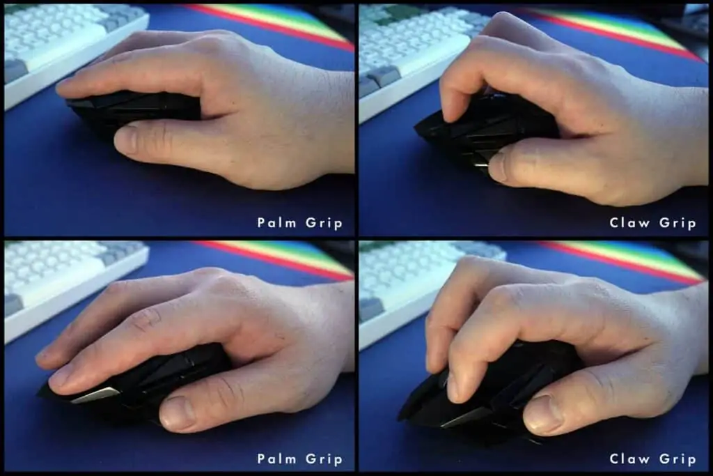 Different angles showing how to palm grip and claw grip a mouse 